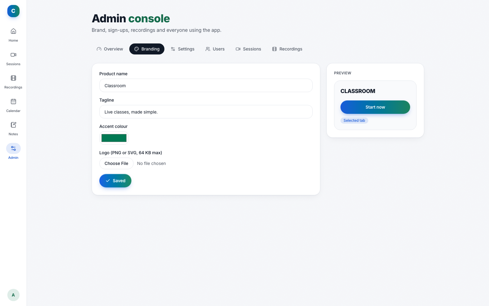The admin panel's branding page: product name, tagline, accent colour and logo, with a live preview.