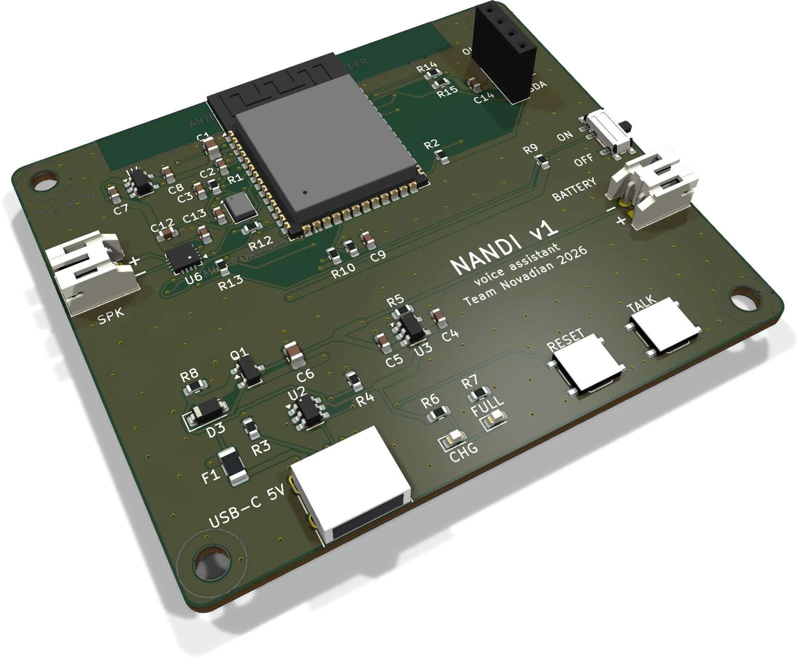 A 3D render of the Nandi v1 circuit board.