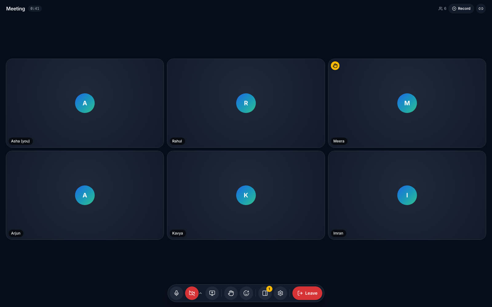 A video call in the meetings platform, with participant tiles on a dark stage and one floating control bar.