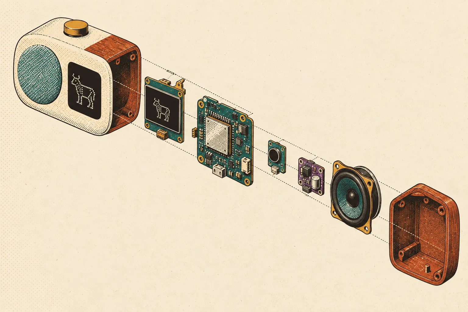 An exploded drawing of the Nandi device showing its case, screen, main board, microphone, amplifier and speaker.