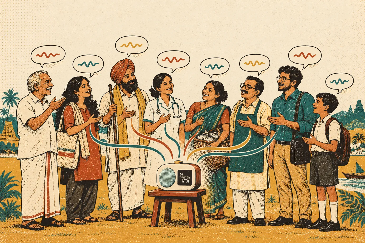 An illustration of people from across India speaking different languages to a Nandi device.