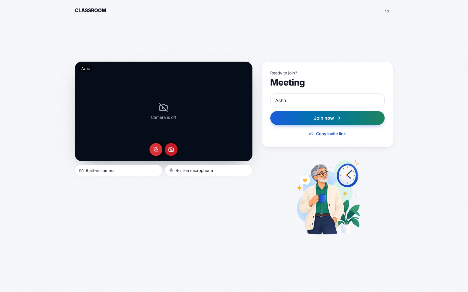 The lobby before joining: a camera preview with the camera off, the camera and microphone pickers, a name field and a join button.