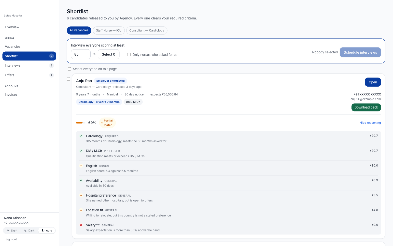 A list of matched candidates in the hiring platform, each score shown with its written reasons.