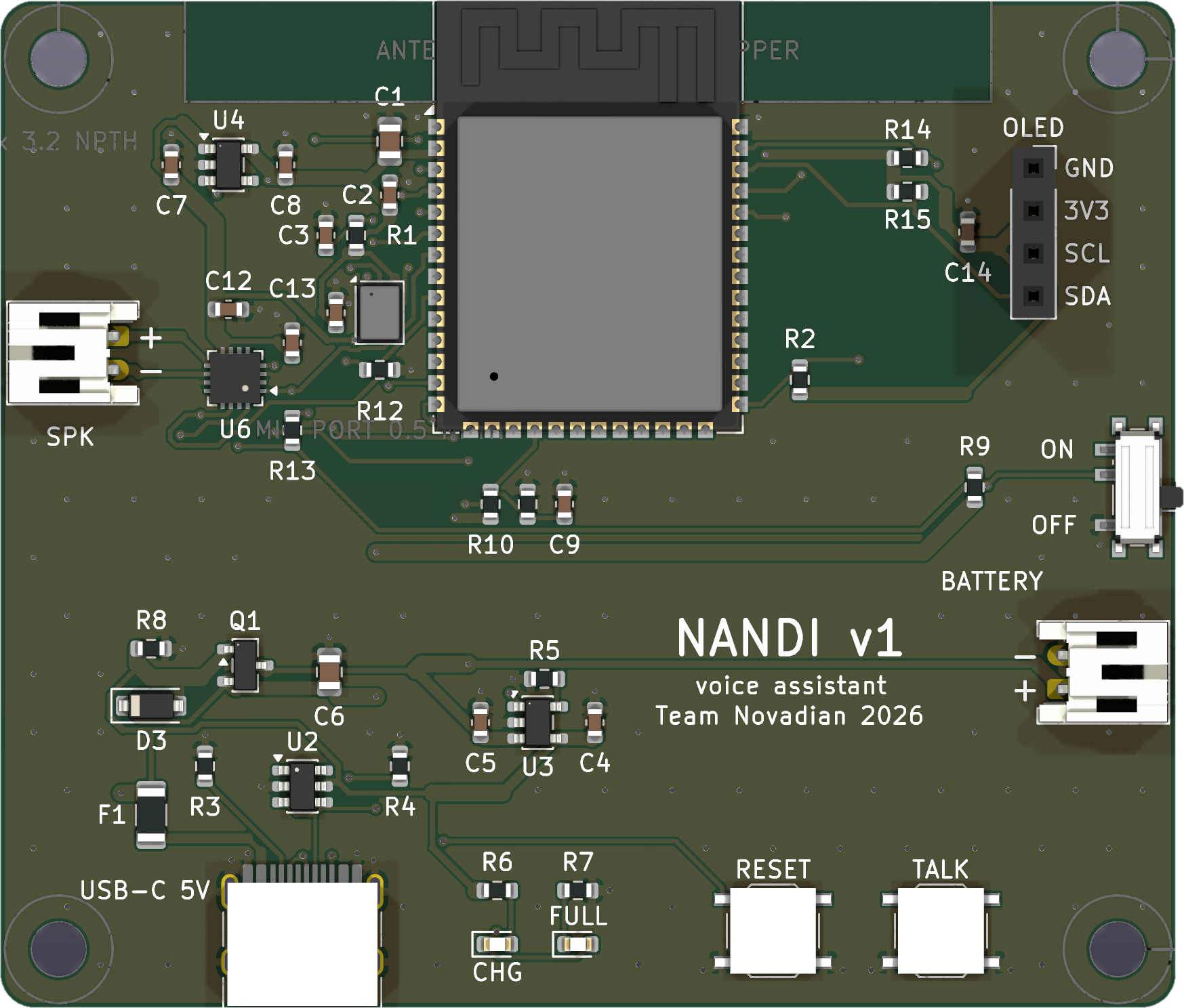 The Nandi v1 circuit board, designed in-house.