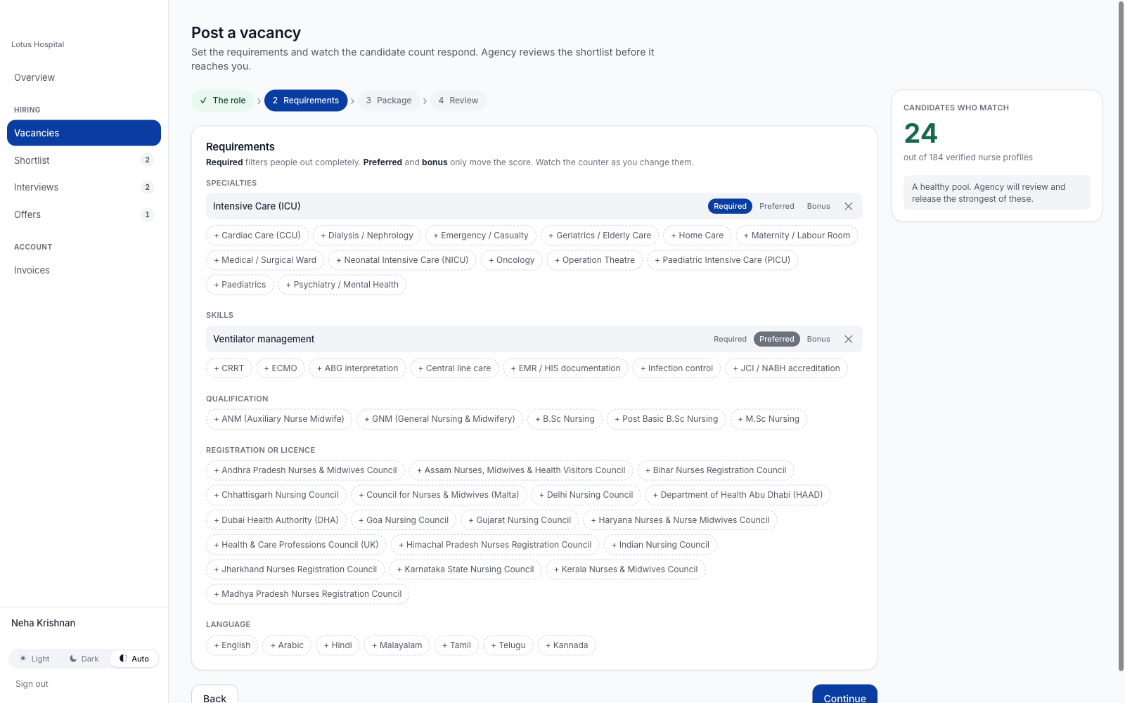 The job wizard with requirements on the left and a live count of matching candidates.